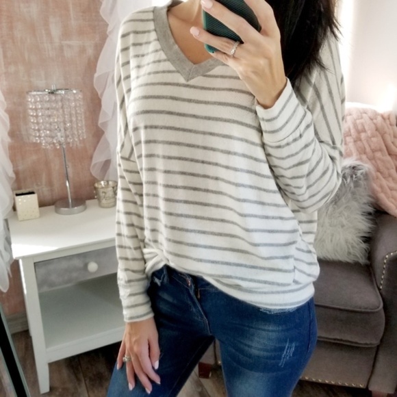 Soft Brushed Top Gray Ivory Dolman Sleeve Top - Picture 2 of 4